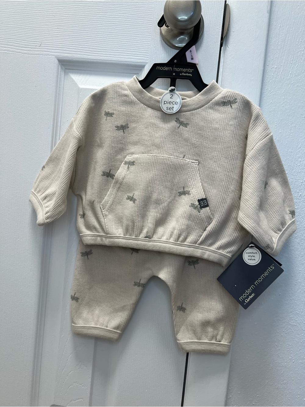 Gerber Cream Waffle Knit 2-Piece Set with Gray Bug Print